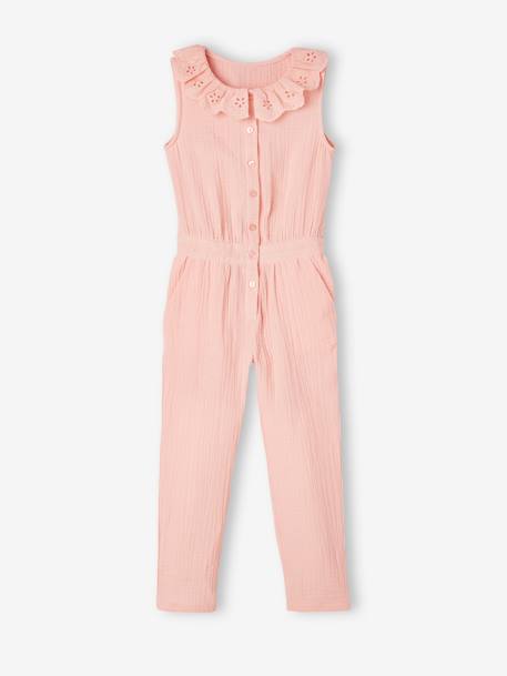 Cotton Gauze Jumpsuit for Babies, Broderie Anglaise Collar, for Girls pale pink 