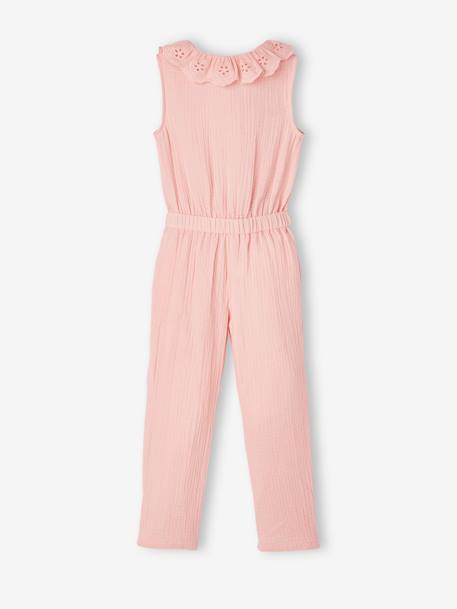 Cotton Gauze Jumpsuit for Babies, Broderie Anglaise Collar, for Girls pale pink 