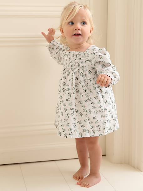 Smocked Dress with Flowers, for Babies white 