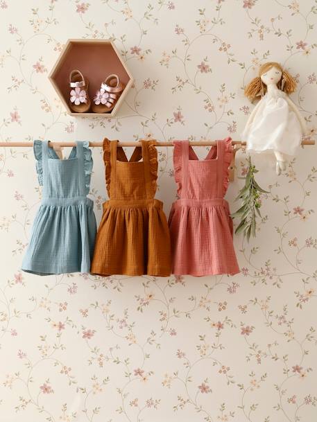 Dungaree Dress in Cotton Gauze, for Babies caramel+GREEN MEDIUM SOLID+lilac+Pink 