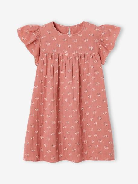 Printed Dress with Butterfly Sleeves, in Cotton Gauze, for Girls aqua green+tomato red 