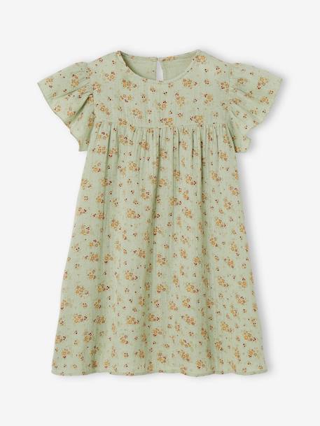 Printed Dress with Butterfly Sleeves, in Cotton Gauze, for Girls aqua green+tomato red 