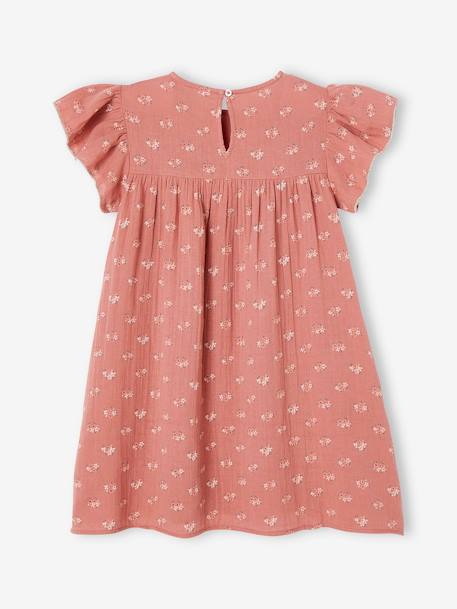 Printed Dress with Butterfly Sleeves, in Cotton Gauze, for Girls aqua green+tomato red 