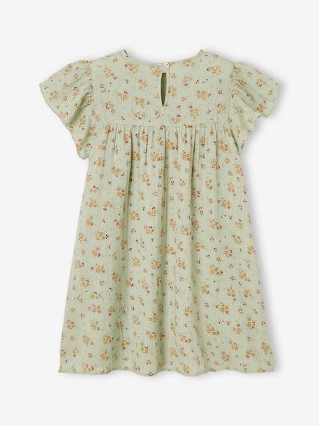 Printed Dress with Butterfly Sleeves, in Cotton Gauze, for Girls aqua green+tomato red 