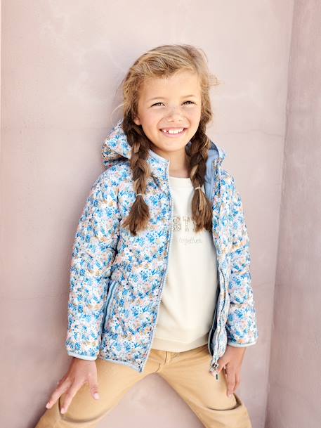 Lightweight Padded Jacket with Hood & Printed Motifs for Girls 6386+6636+PINK MEDIUM ALL OVER PRINTED+YELLOW MEDIUM ALL OVER PRINTED 