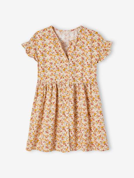 Buttoned Dress with Flowers for Girls azure+blue+ecru+navy blue 