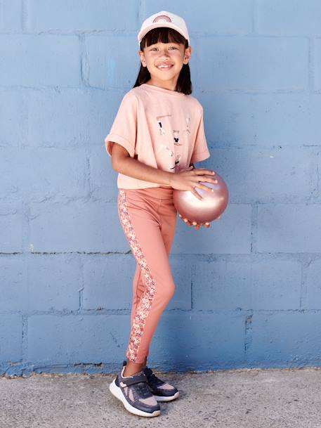 Sports Leggings in Techno Fabric & Floral Side Stripes for Girls terracotta 