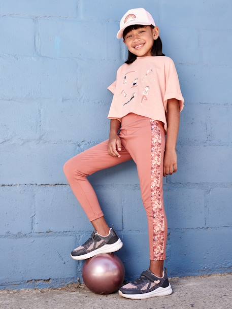 Sports Leggings in Techno Fabric & Floral Side Stripes for Girls terracotta 