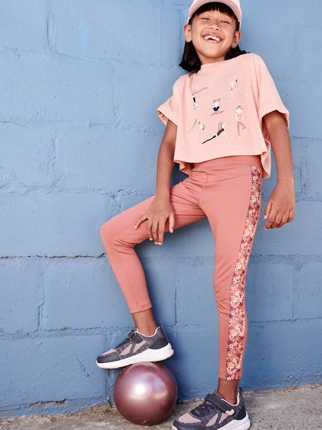 Sports Leggings in Techno Fabric & Floral Side Stripes for Girls terracotta 