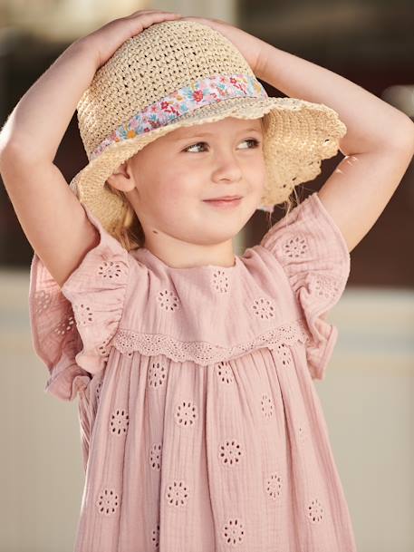 Cotton Gauze Dress with Embroidered Flowers, for Girls pale blue+pastel yellow+rosy+vanilla 