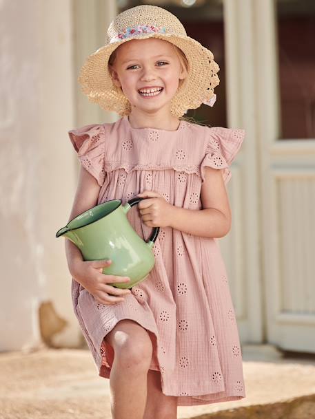 Cotton Gauze Dress with Embroidered Flowers, for Girls pale blue+pastel yellow+rosy+vanilla 