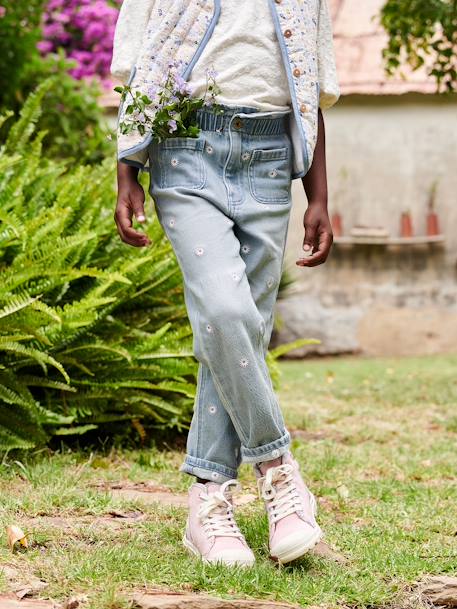 Paperbag Jeans, Embroidered Flowers, for Girls denim blue+double stone 