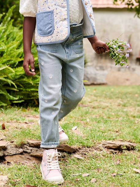 Paperbag Jeans, Embroidered Flowers, for Girls denim blue+double stone 