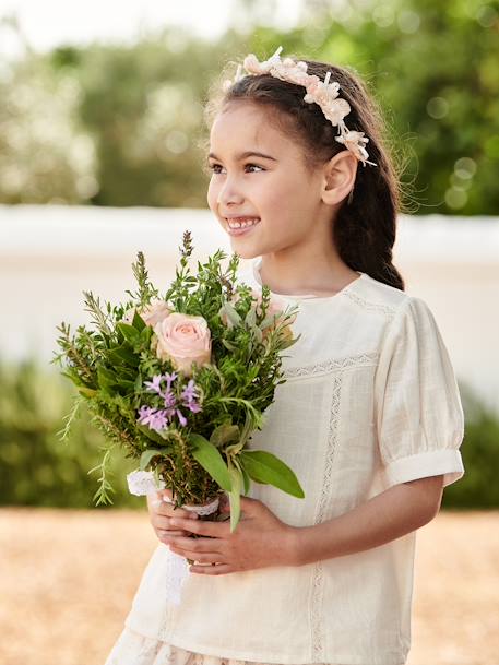 Linen-Effect Blouse with Lace, for Girls ecru 