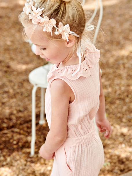 Cotton Gauze Jumpsuit for Babies, Broderie Anglaise Collar, for Girls pale pink+sage green 