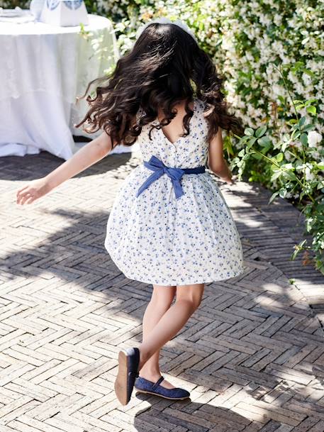 Occasionwear Floral Dress in Plumetis with Belt that Ties on the Back for Girls ecru 