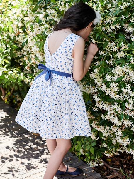 Occasionwear Floral Dress in Plumetis with Belt that Ties on the Back for Girls ecru 