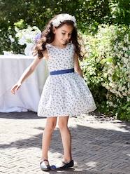 -Occasionwear Floral Dress in Plumetis with Belt that Ties on the Back for Girls