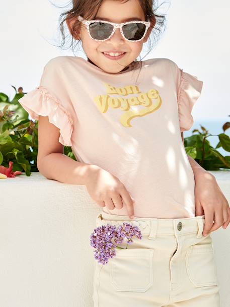 Short Sleeve T-Shirt with Message in Puff Ink & Ruffles, for Girls pale pink 