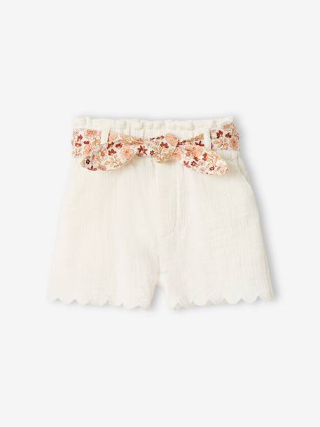 Cotton Gauze Shorts with Floral Belt for Babies apricot+ecru+navy blue 