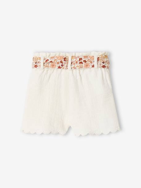 Cotton Gauze Shorts with Floral Belt for Babies apricot+ecru+navy blue 