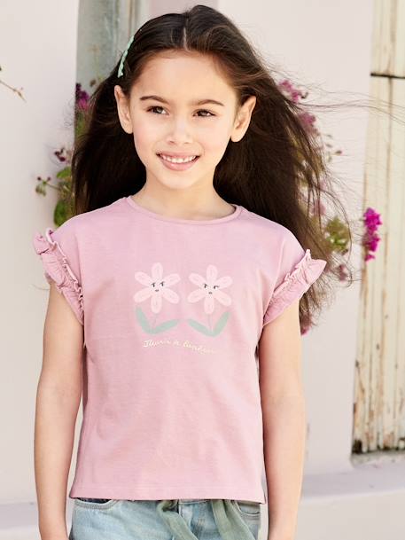 T-Shirt with Iridescent Motif & Short Ruffled Sleeves for Girls ecru+mauve+navy blue+pale yellow+peach 