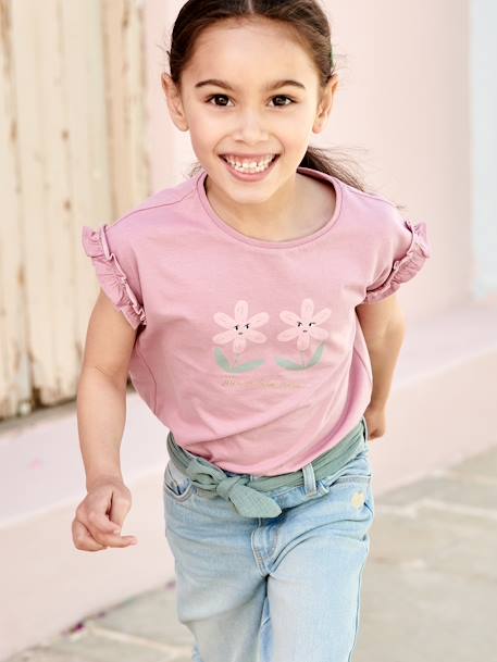 T-Shirt with Iridescent Motif & Short Ruffled Sleeves for Girls ecru+mauve+navy blue+pale yellow+peach 