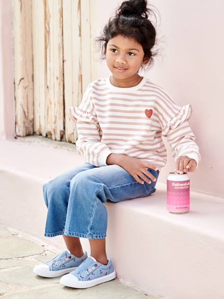 Sailor-type Sweatshirt with Ruffles on the Sleeves, for Girls aqua green+denim blue+lilac+old rose+striped pink 