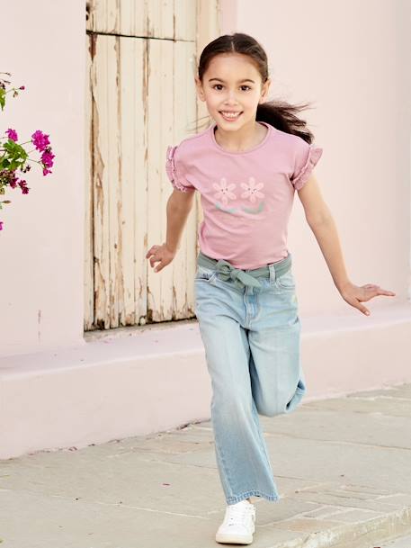 T-Shirt with Iridescent Motif & Short Ruffled Sleeves for Girls ecru+mauve+navy blue+pale yellow+peach 