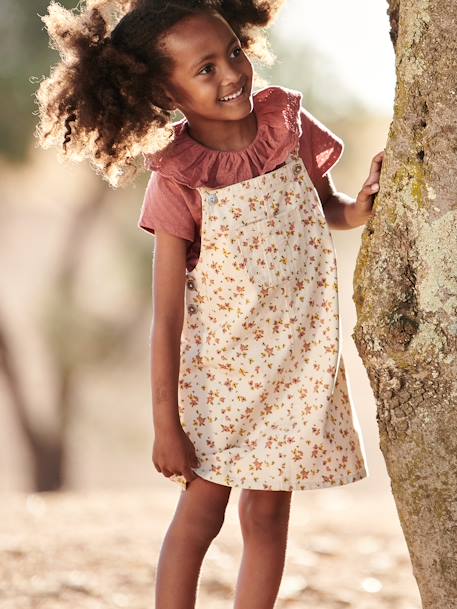 Dungaree Dress with Flowers, Frilly Straps pearly grey 