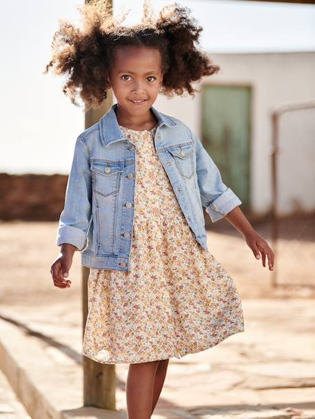 Buttoned Dress with Flowers for Girls azure+blue+ecru+navy blue 