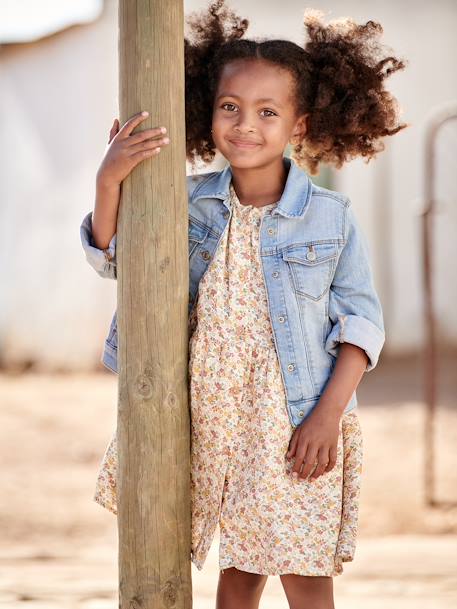 Buttoned Dress with Flowers for Girls azure+blue+ecru+navy blue 