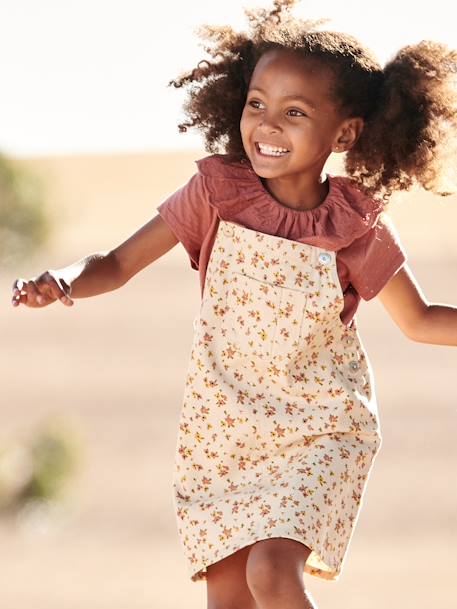 Dungaree Dress with Flowers, Frilly Straps pearly grey 