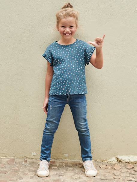 Rib Knit T-Shirt with Printed Flowers for Girls ecru+ink blue 