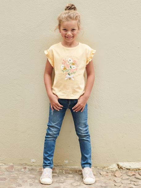 T-Shirt with Iridescent Motif & Short Ruffled Sleeves for Girls ecru+mauve+navy blue+pale yellow+peach 