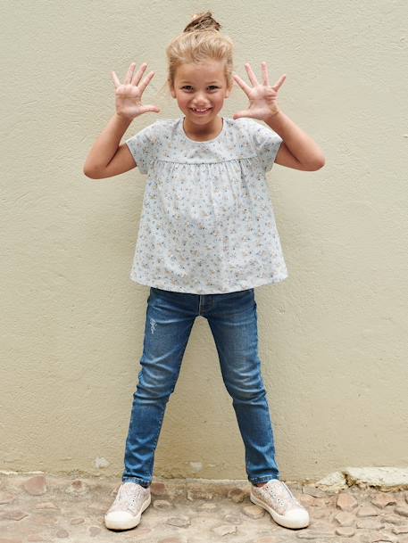 Blouse with Flowers for Girls ecru+sky blue 