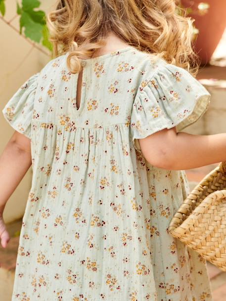 Printed Dress with Butterfly Sleeves, in Cotton Gauze, for Girls aqua green+tomato red 