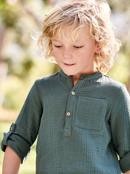 Cotton Gauze Shirt, Roll-Up Sleeves, for Boys BLUE MEDIUM SOLID+ecru+green+yellow 