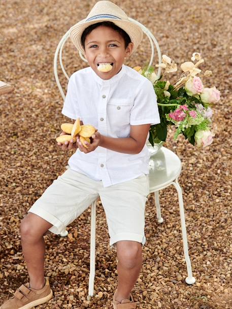 Short-Sleeved Shirt with Mandarin Collar in Cotton/Linen for Boys Light Blue+White 