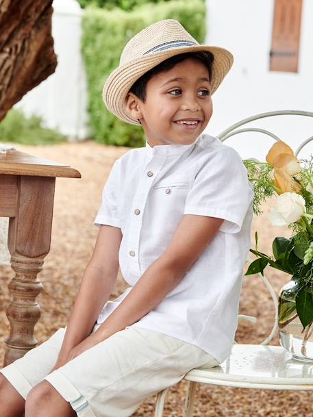 Short-Sleeved Shirt with Mandarin Collar in Cotton/Linen for Boys Light Blue+White 