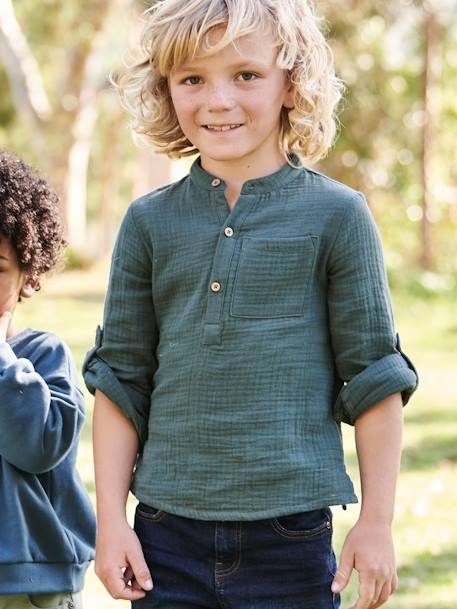 Cotton Gauze Shirt, Roll-Up Sleeves, for Boys BLUE MEDIUM SOLID+ecru+green 