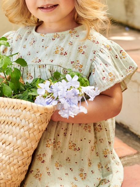 Printed Dress with Butterfly Sleeves, in Cotton Gauze, for Girls aqua green+tomato red 