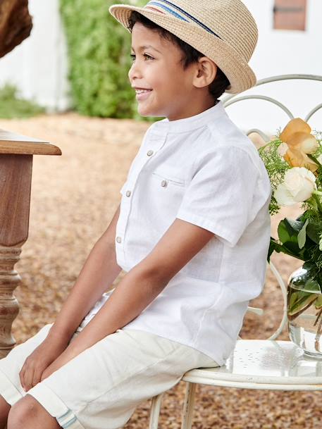 Short-Sleeved Shirt with Mandarin Collar in Cotton/Linen for Boys Light Blue+White 