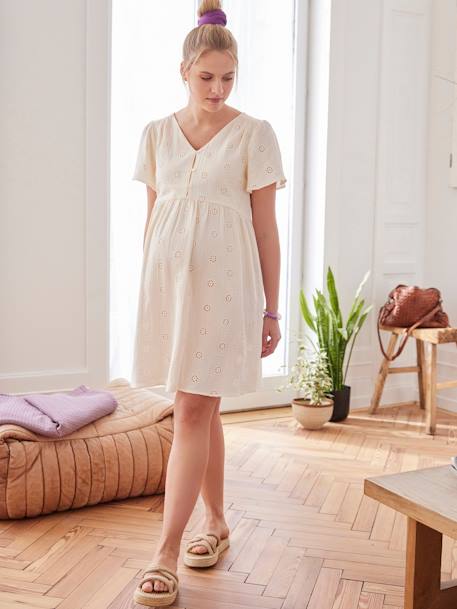 Embroidered Cotton Gauze Dress, Maternity & Nursing Special ecru+terracotta 