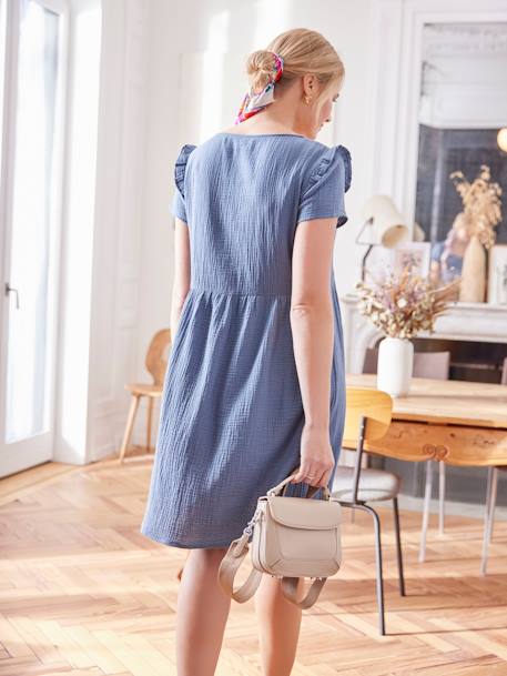 Cotton Gauze Dress, Maternity & Nursing Special caramel+denim blue+Sage+white 