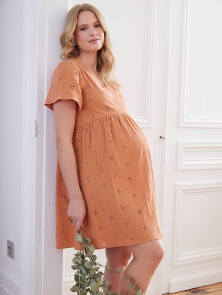 Embroidered Cotton Gauze Dress, Maternity & Nursing Special ecru+terracotta 