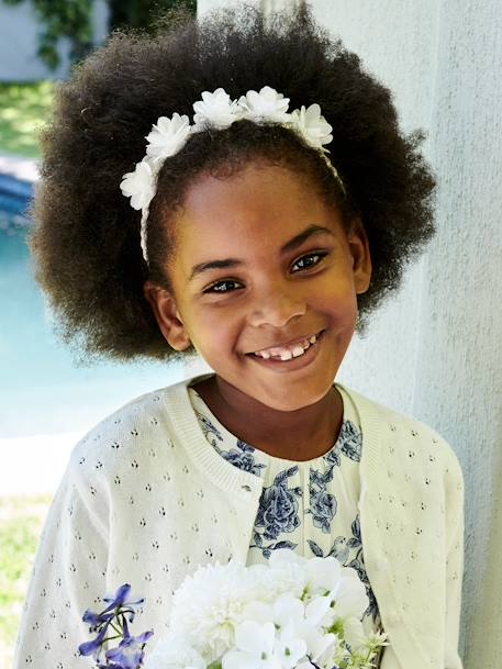 Braided Headband with Tulle Flowers White 