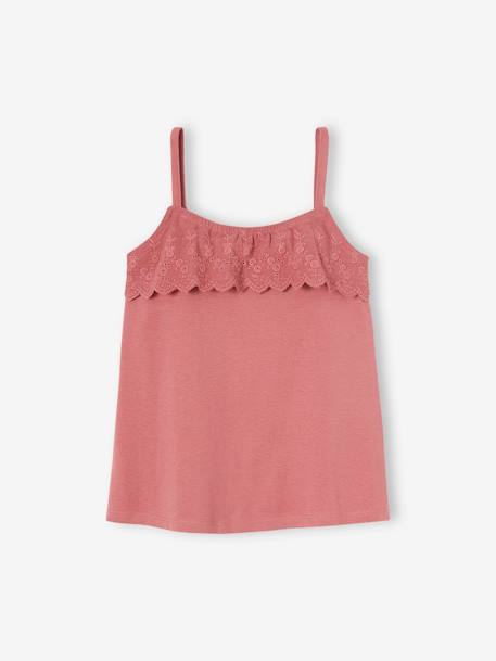 Sleeveless Top with Ruffles in Broderie Anglaise for Girls old rose+WHITE MEDIUM SOLID 