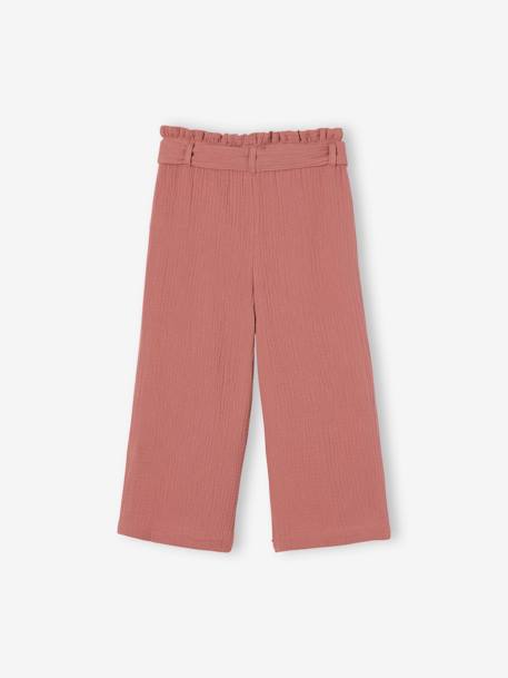 Cropped, Wide Leg Paperbag Trousers in Cotton Gauze for Girls old rose+sage green 