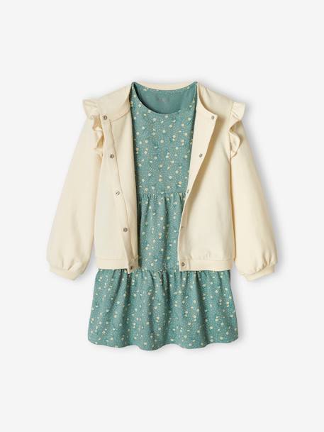 Dress & Jacket Combo for Girls denim blue+emerald green+peach 